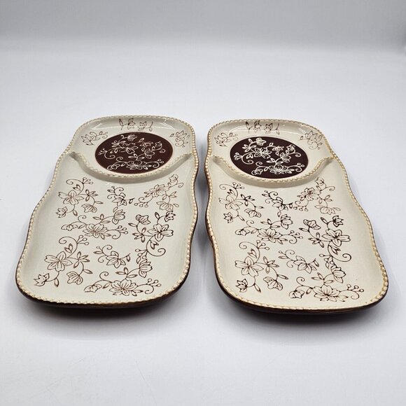 Tara Temptations Snack Serving Trays Chip & Dip in Floral Lace Brown Lot of 2 - Picture 1 of 7